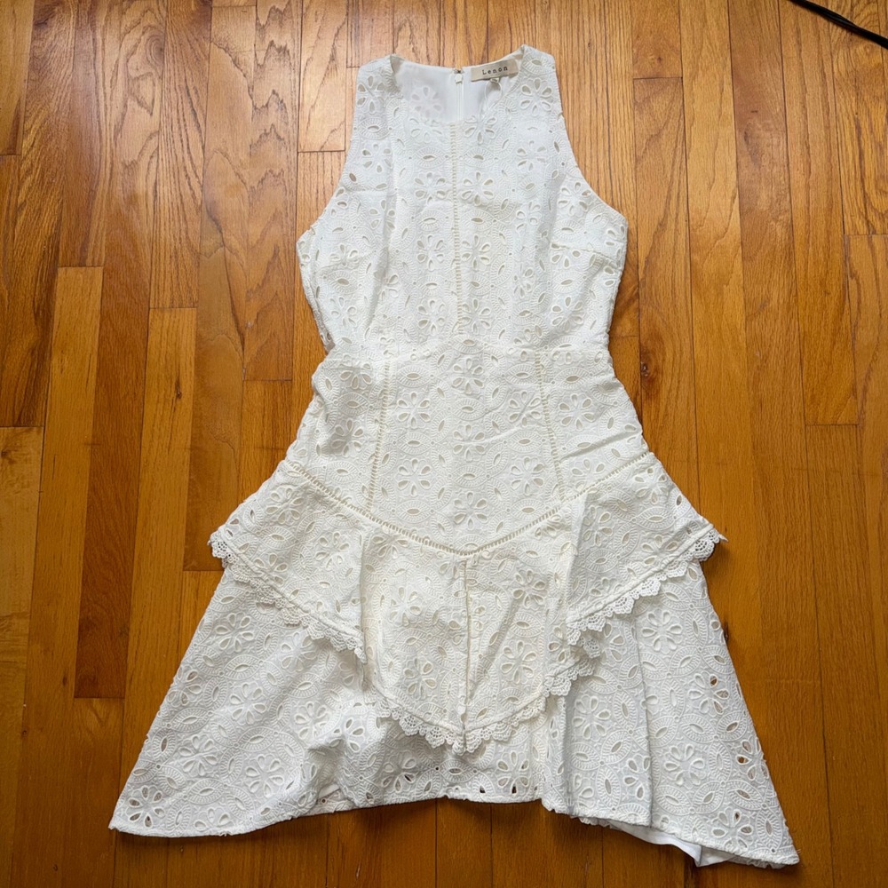 NEW Lenon White Eyelet Lace Tiered Ruffle Sleeveless Dress XS Brunch Bridal